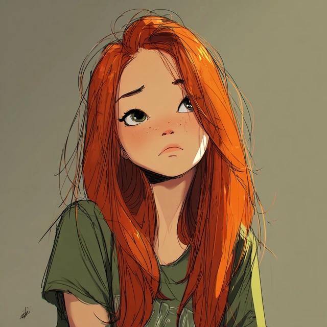 Anime Girl Ginger Hair Sad Expression
