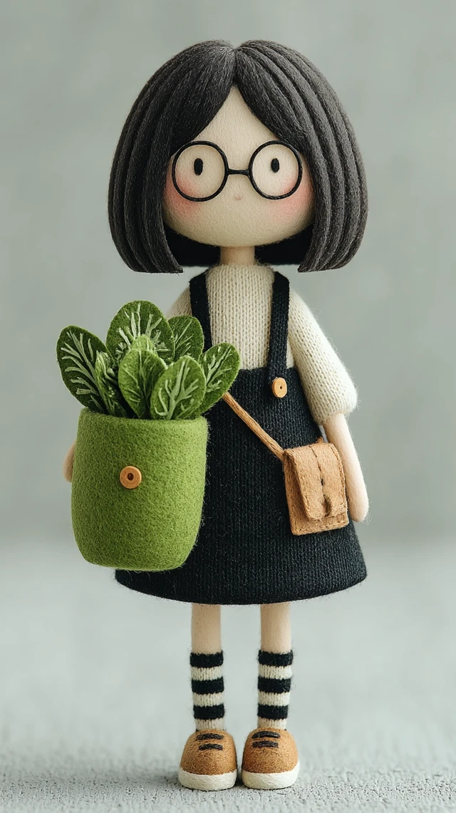 Handmade Doll Girl With Plant Miniature Model Diorama