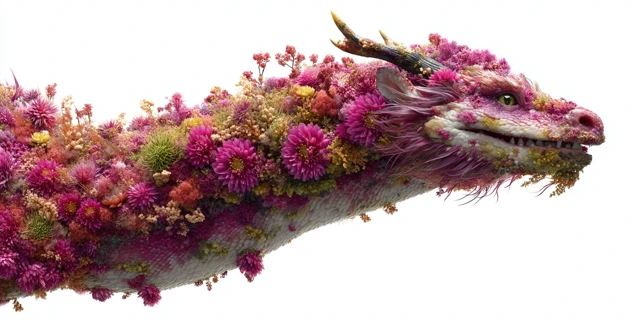 Floral Dragon in Flight Hyperrealistic Image