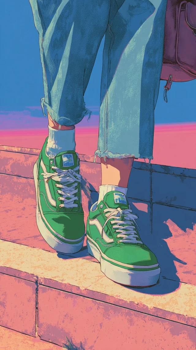 Retro Anime Woman Green Sneakers Walking