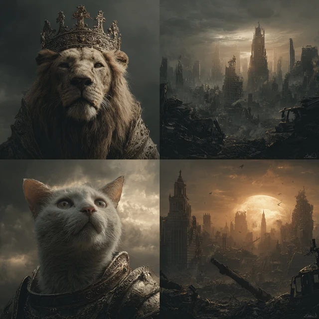 Apocalyptic Cat King Ruling Over Ruined City
