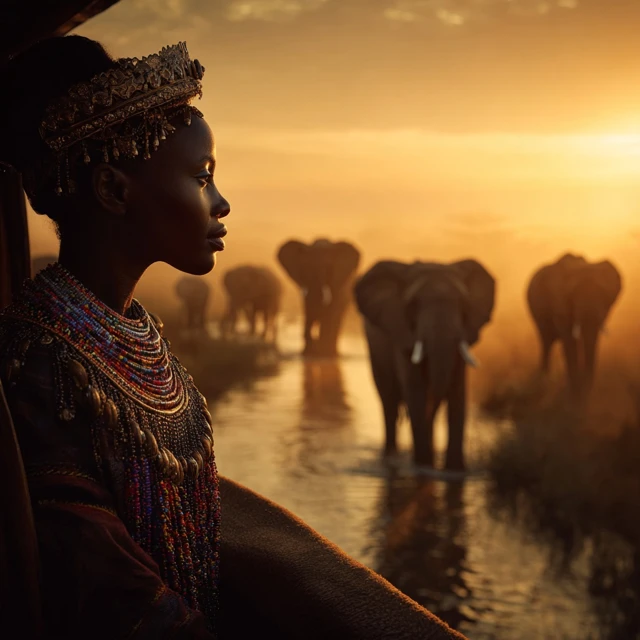 Sunrise with Elephants and Girl National Geographic Style