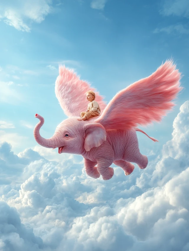 Baby Riding Flying Elephant in the Sky