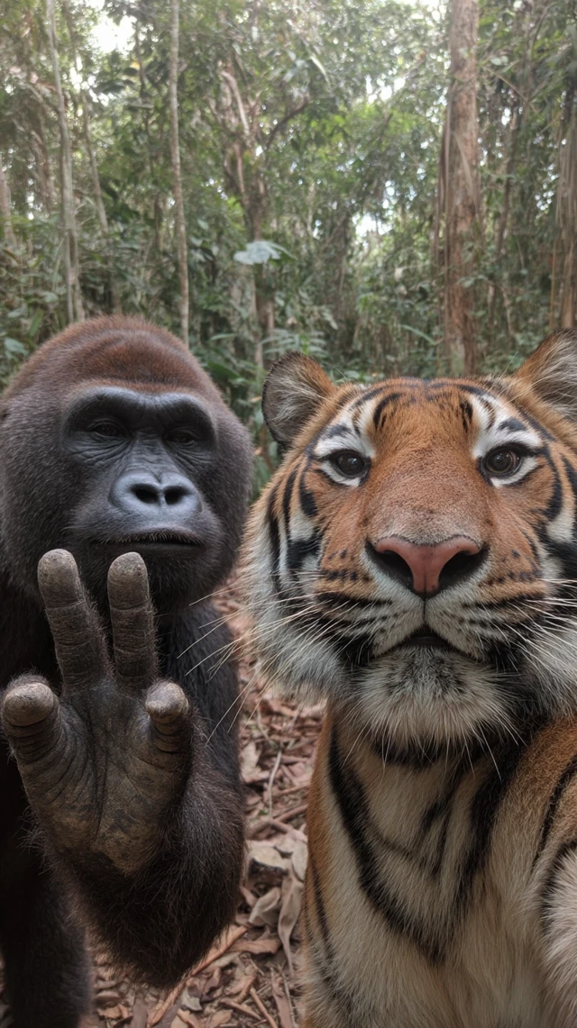 Gorilla and Tiger Making Peace Signs Jungle Selfie