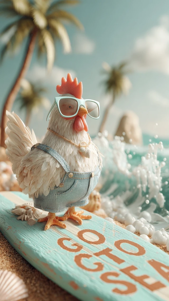 Stylish Hen on Surfboard Beach Summer Vacation