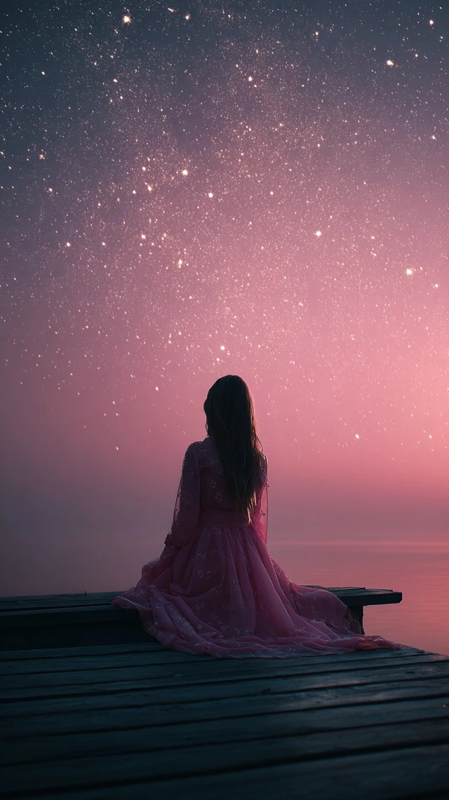 Woman on Pier Staring at Stars Night Sky