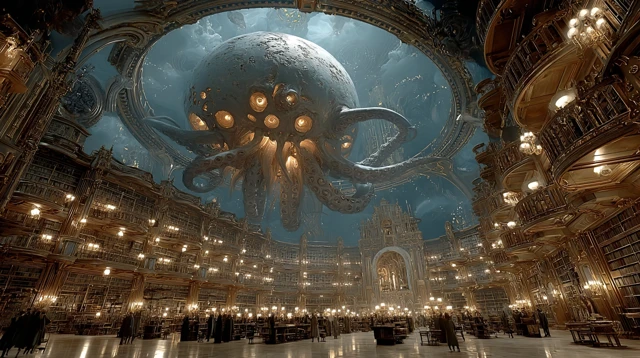 Cybernetic Pope in a Gothic Library of Molten Glass