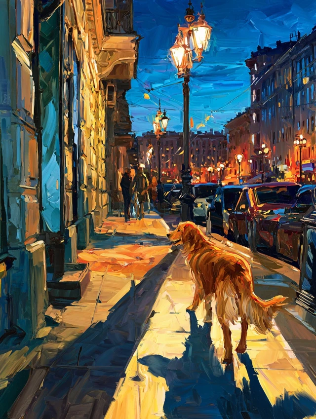 Lonely Golden Retriever in City Oil Painting