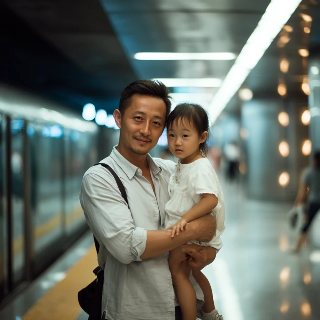 Chinese Father and Child in Subway Station