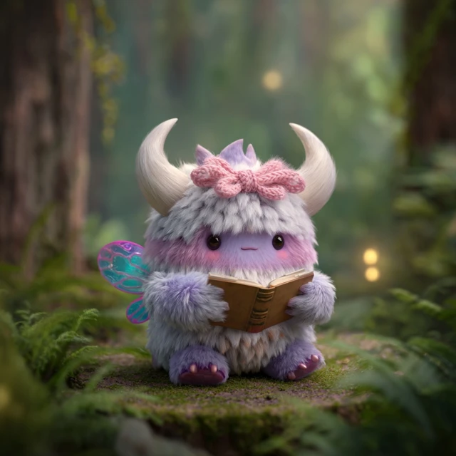 Cute Lilac Monster Reading in the Forest