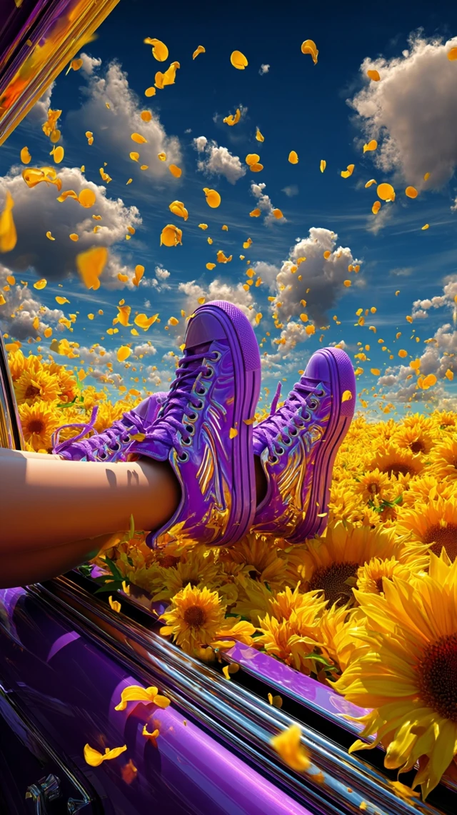 Summer Road Trip Sunflower Field and Purple Sneakers