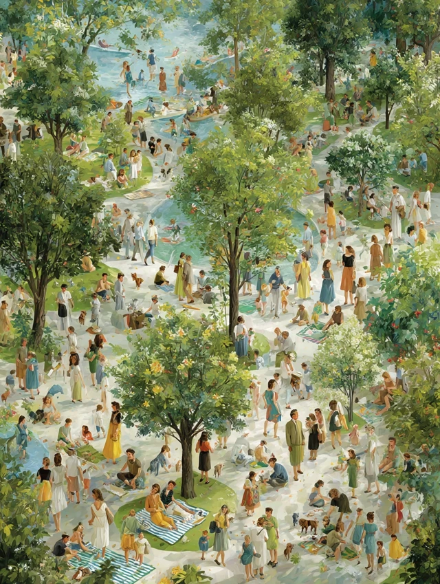 Urban Park Scene - People, Trees, and Socializing