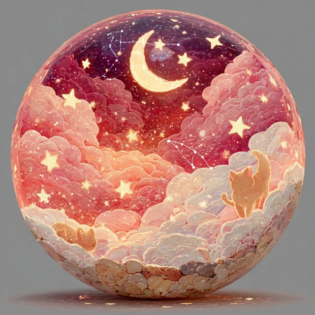 Cute Cartoon Scene Moon Stars Cats in Glass Ball