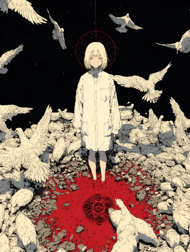 Anime Art Girl Surrounded by Pigeons