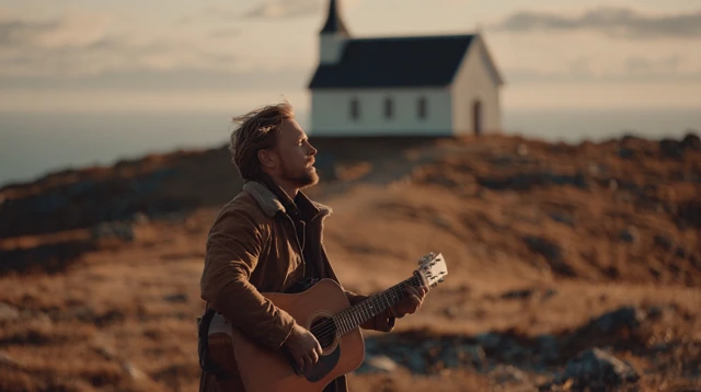 Country Singer with Guitar and Church in Background