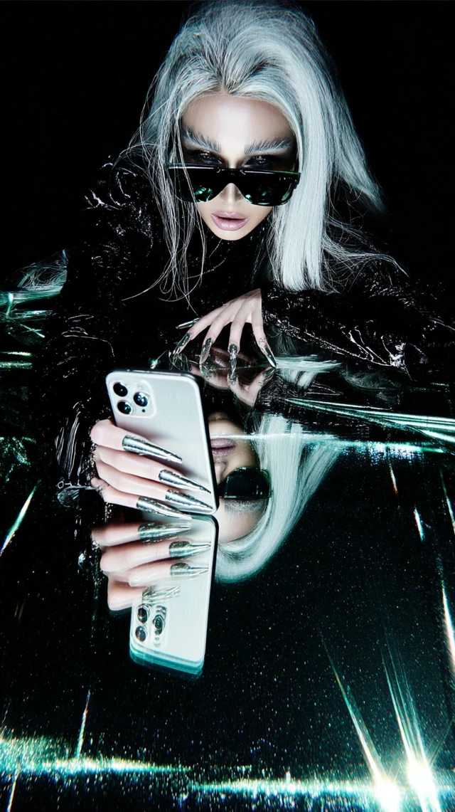 Cyberpunk Fashion Model with Metallic Nails