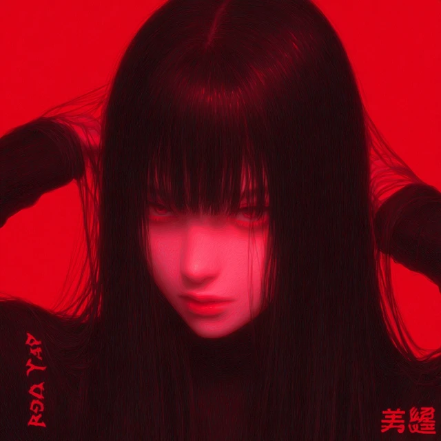 Sickly Girl with Long Black Hair in Red