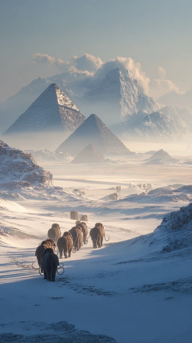 Woolly Mammoths in Snowy Egypt Ancient Scene
