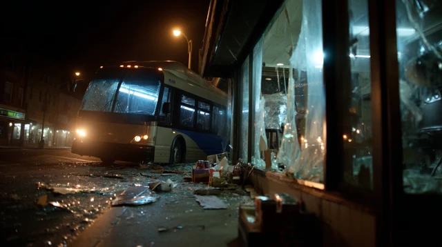 Nighttime Bus Crash Scene City Street Disaster