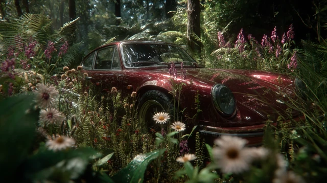 Abandoned Car Reclaimed by Nature Realistic Art