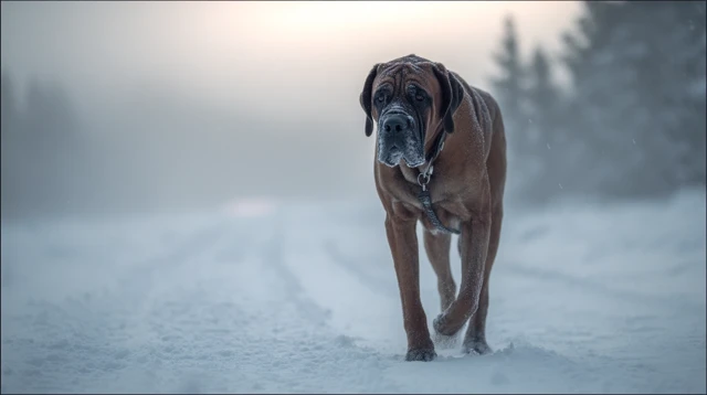 Dog Walking in Snow Winter Scene