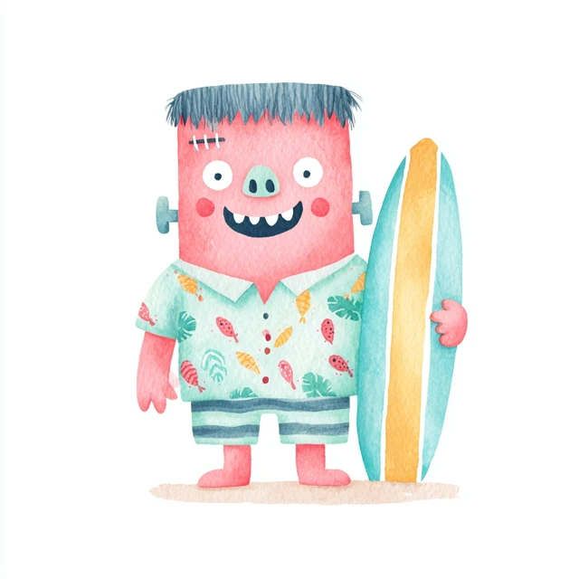 Frankenstein Monster Surfing Watercolor Illustration