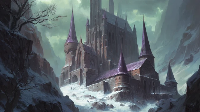Gothic Fantasy Cathedral in Snowy Mountains
