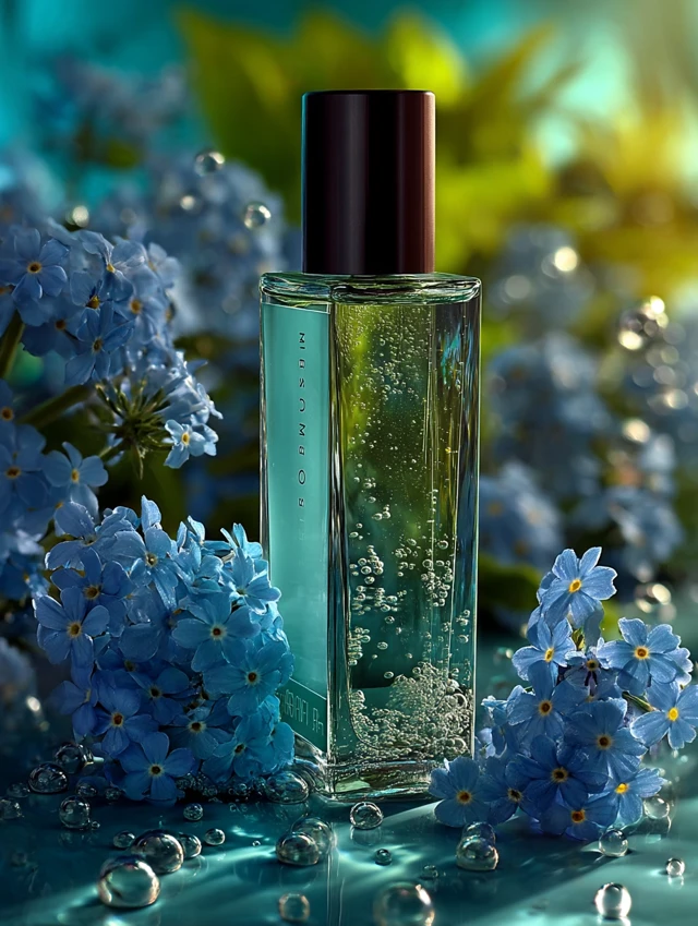 Skincare Bottle with Blue Flowers and Bubbles