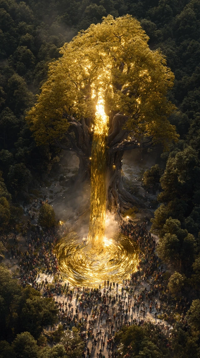 Sacred Tree Golden Waterfall Mythical Forest Scene
