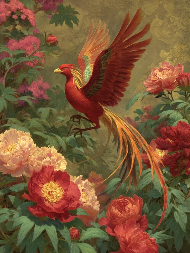 Majestic Phoenix Soaring Above Blooms