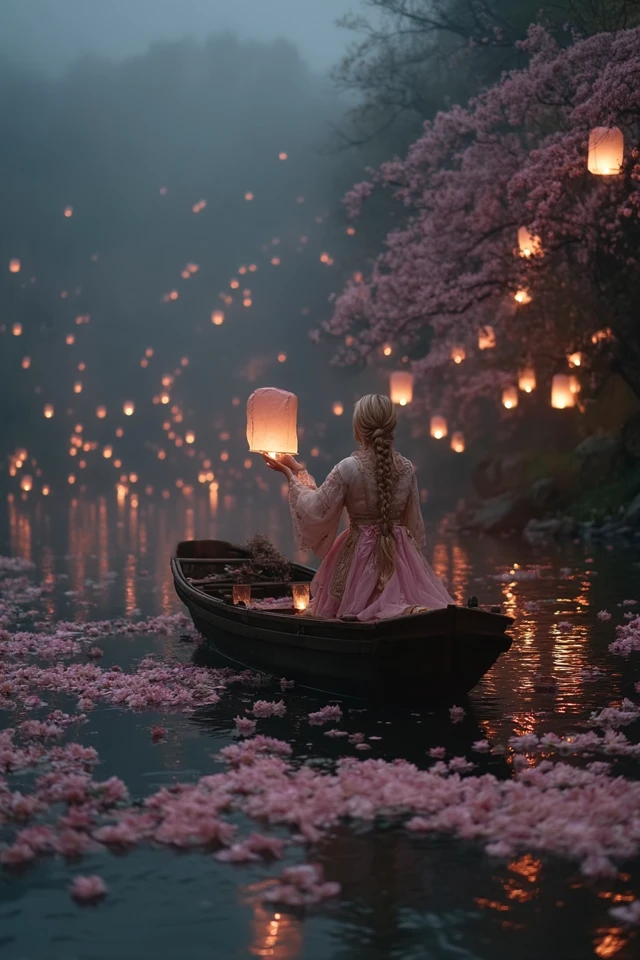 Lantern Launch on a Misty River: Fairy Tale Scene