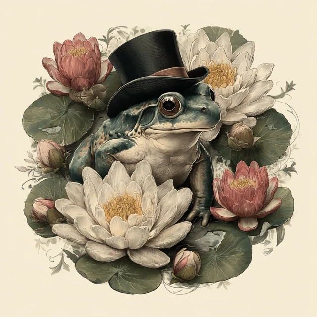 Frog in Top Hat with Water Lilies Tattoo Art