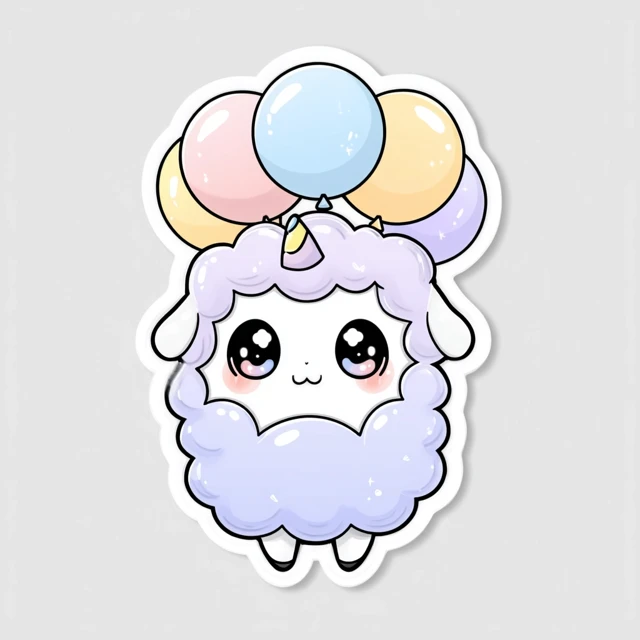 Cute Cartoon Cloud Sheep with Balloons Sticker