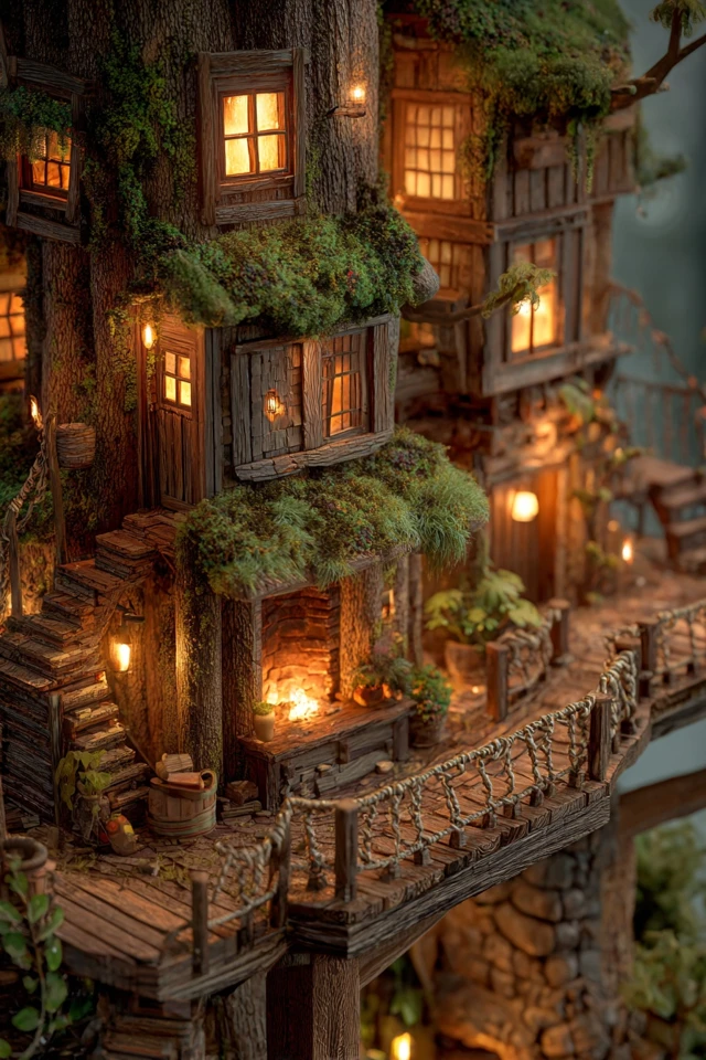 Cozy Treehouse Forest Cabin in Misty Golden Hour Light