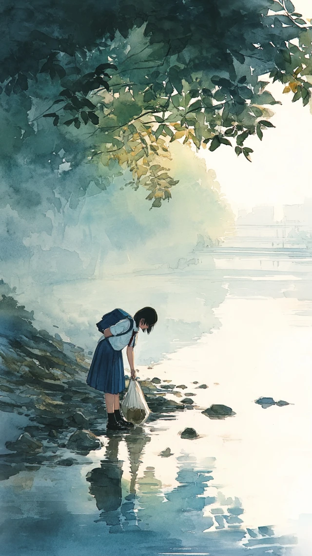 Japanese Student Cleaning Riverside Watercolor Art