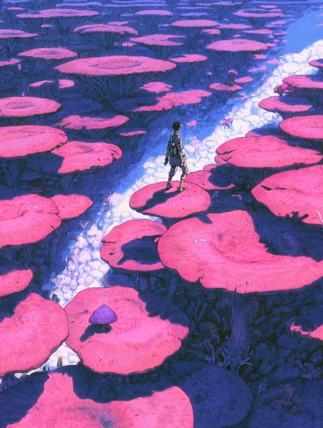 Anime Art Miniature Man on Mushroom Field Fantasy