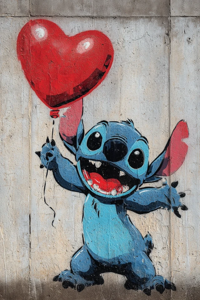 Stitch Banksy Mural Art with Heart Balloon