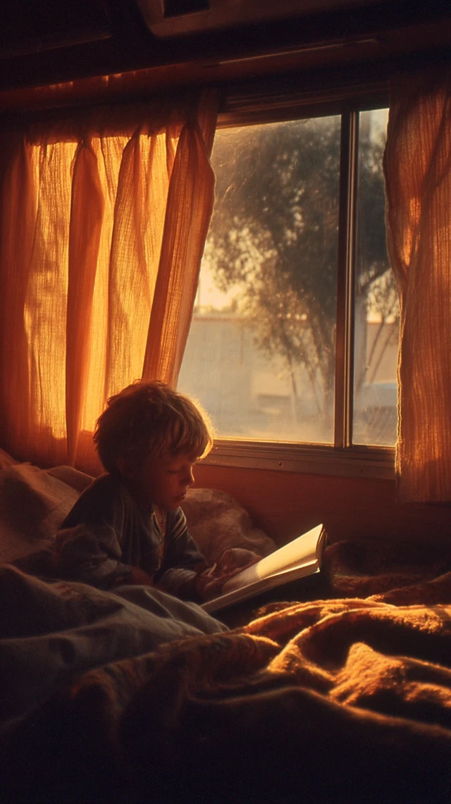 Boy Reading in Camper 1990s Sunset Kodak Shot