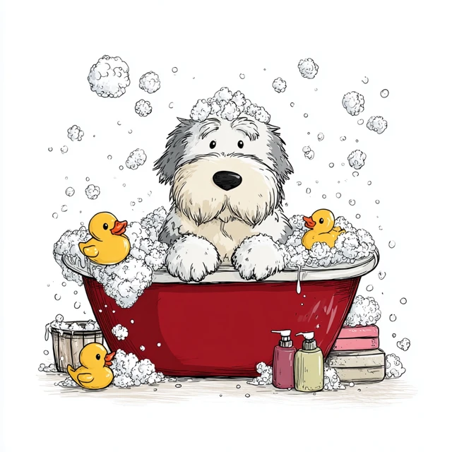 Old English Sheepdog in a Bubble Bath Clipart