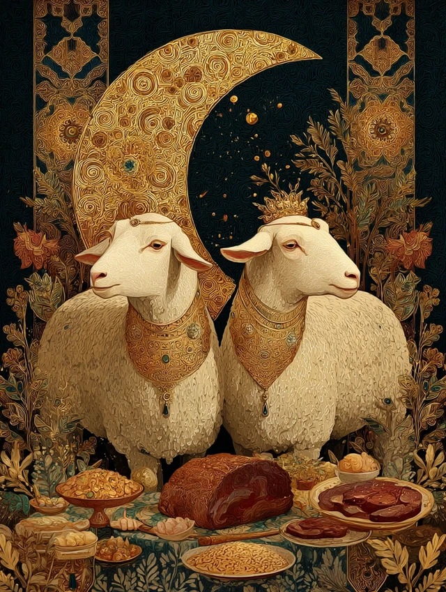 Eid al Adha Celebration Sheep with Jewels and Food