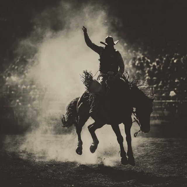 Rodeo Cowboy on Bronc Epic Black and White Photo