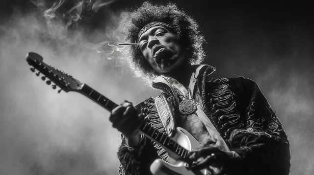 Jimi Hendrix On Stage Electric Guitar Vintage Black and White