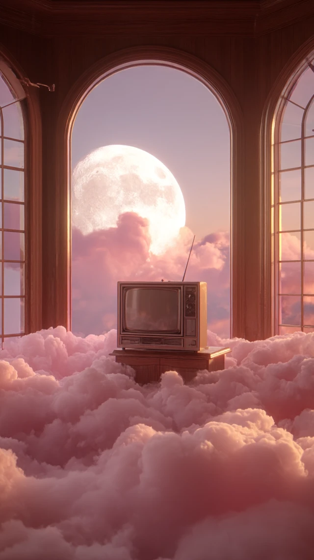 Dreamlike Scene Vintage TV Moon Clouds