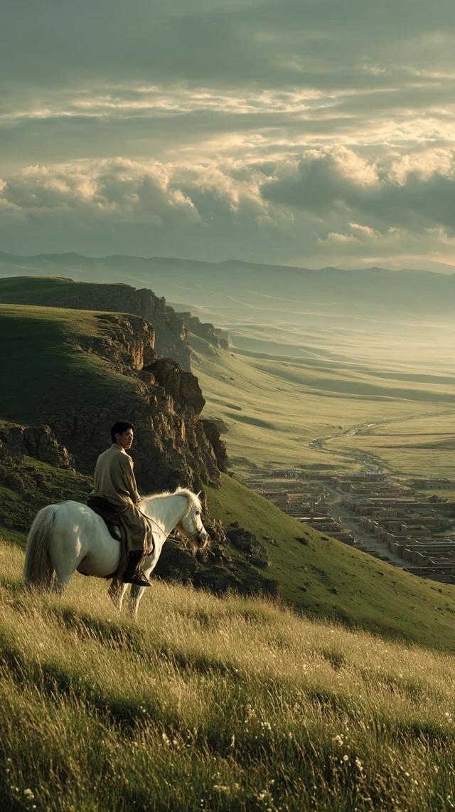 Chinese Man on Horse in Spring Landscape
