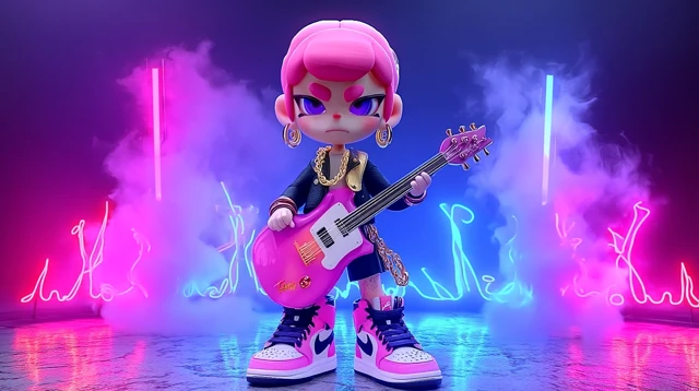 Pink Haired Guitarist on Stage 3D Cartoon