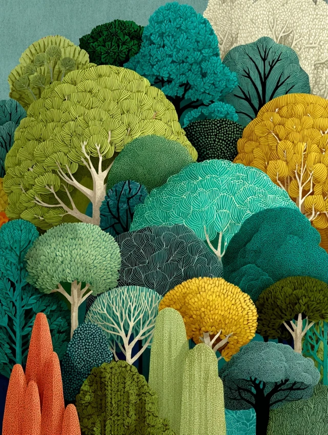 Lush Forest Illustration with Zentangle Leaves