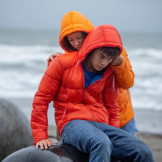 Young Couple at Beach in Rain