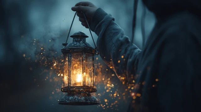Person With Lantern In Storm Moody Landscape