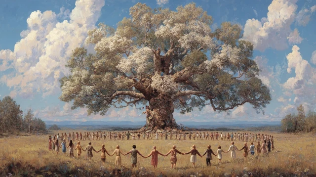 Prairie Scene A Circle of People Around a Giant Tree