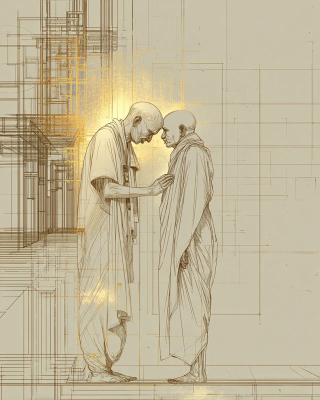 Guru and Disciple Architectural Line Art Illustration